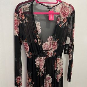 Agaci black floral sheer long sleeve maxi tie waist cover up size large